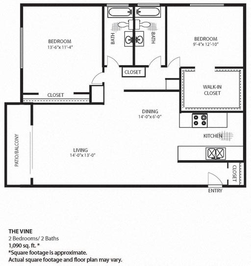 Floor plan for 2 beds, 2 baths, 1090 sqft